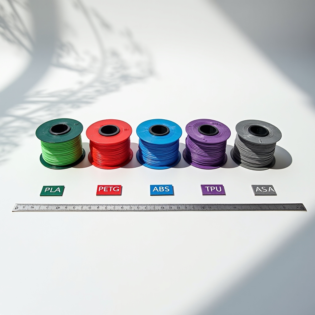 Campioni di filamento PLA PETG ABS e TPU affiancati per confronto visivo e tattile