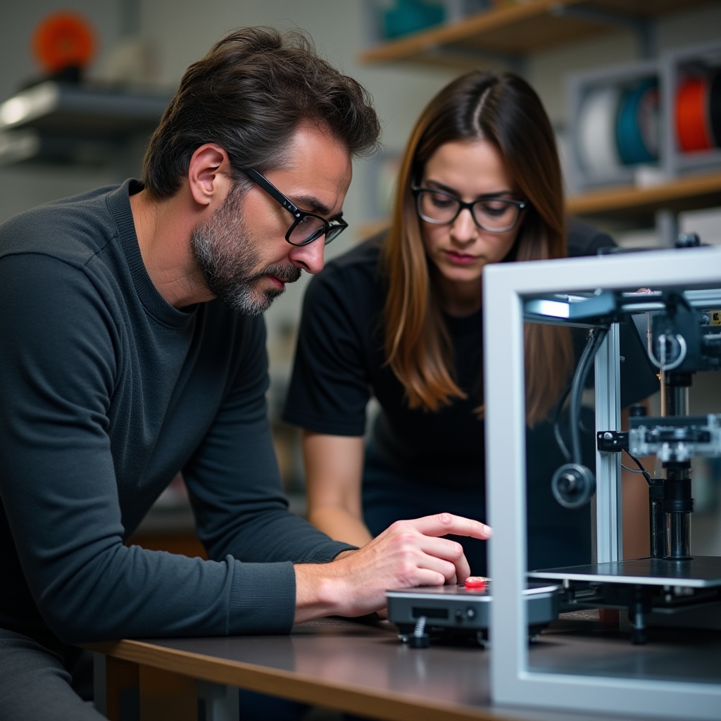 Il facilitatore del workshop mentre assiste un partecipante con la calibrazione della stampante 3D