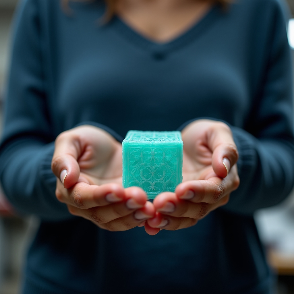 Mani che tengono un oggetto appena stampato in 3D, ancora caldo dal piano di stampa